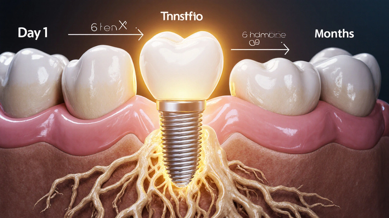 Abstraktní znázornění integrace implantátu s kostí a dásní.