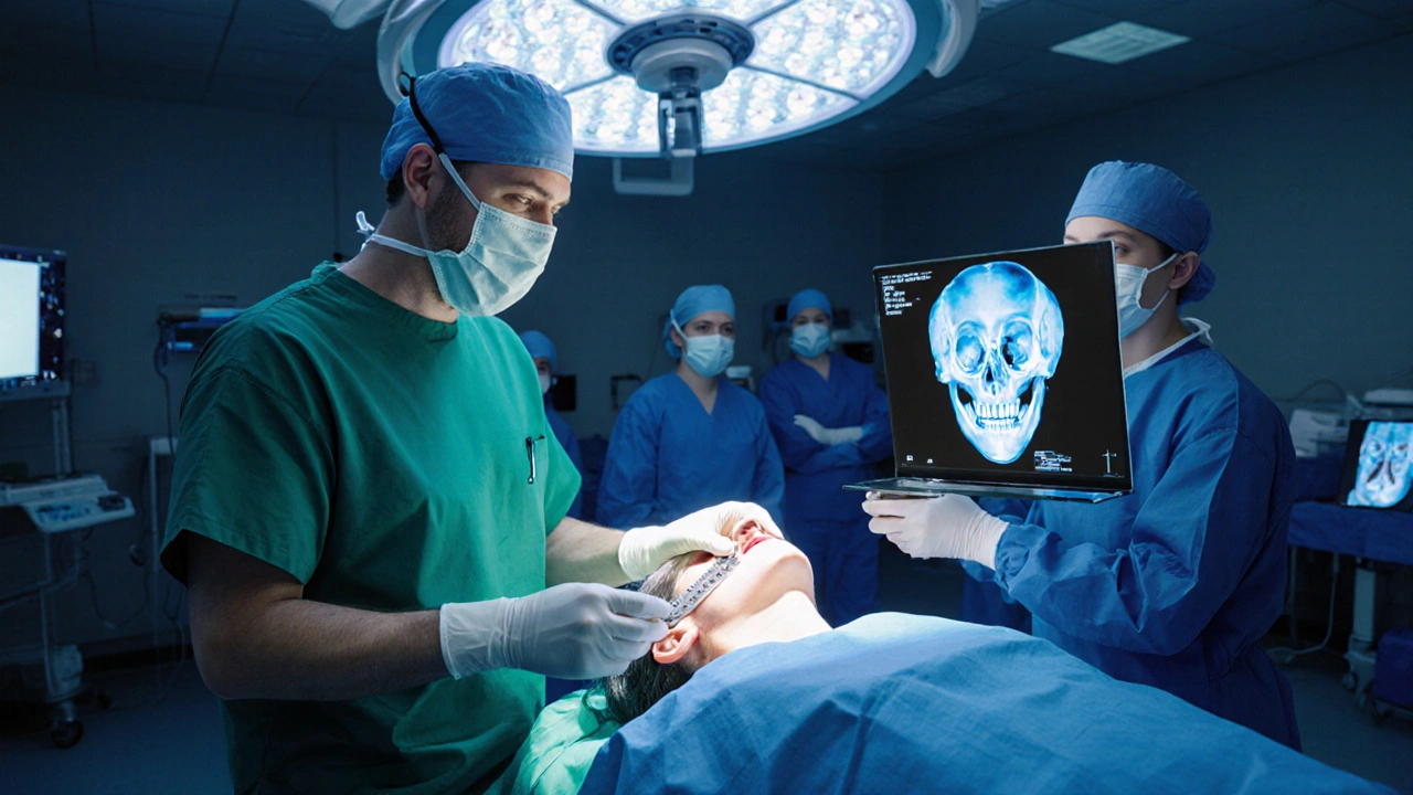 Chirurg a rezident v operačním sále při maxilofaciální operaci s 3D CT projekcí.