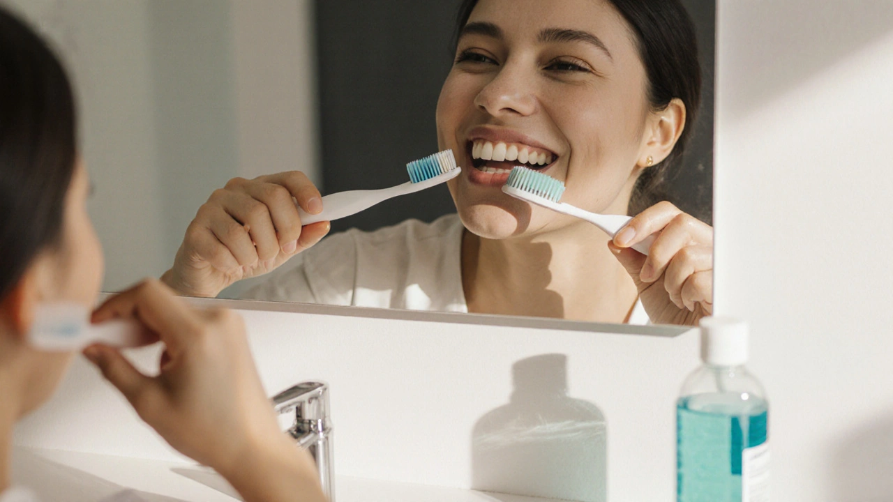 Čištění zubů měkkým kartáčkem s důrazem na opatrnost kolem implantátu.