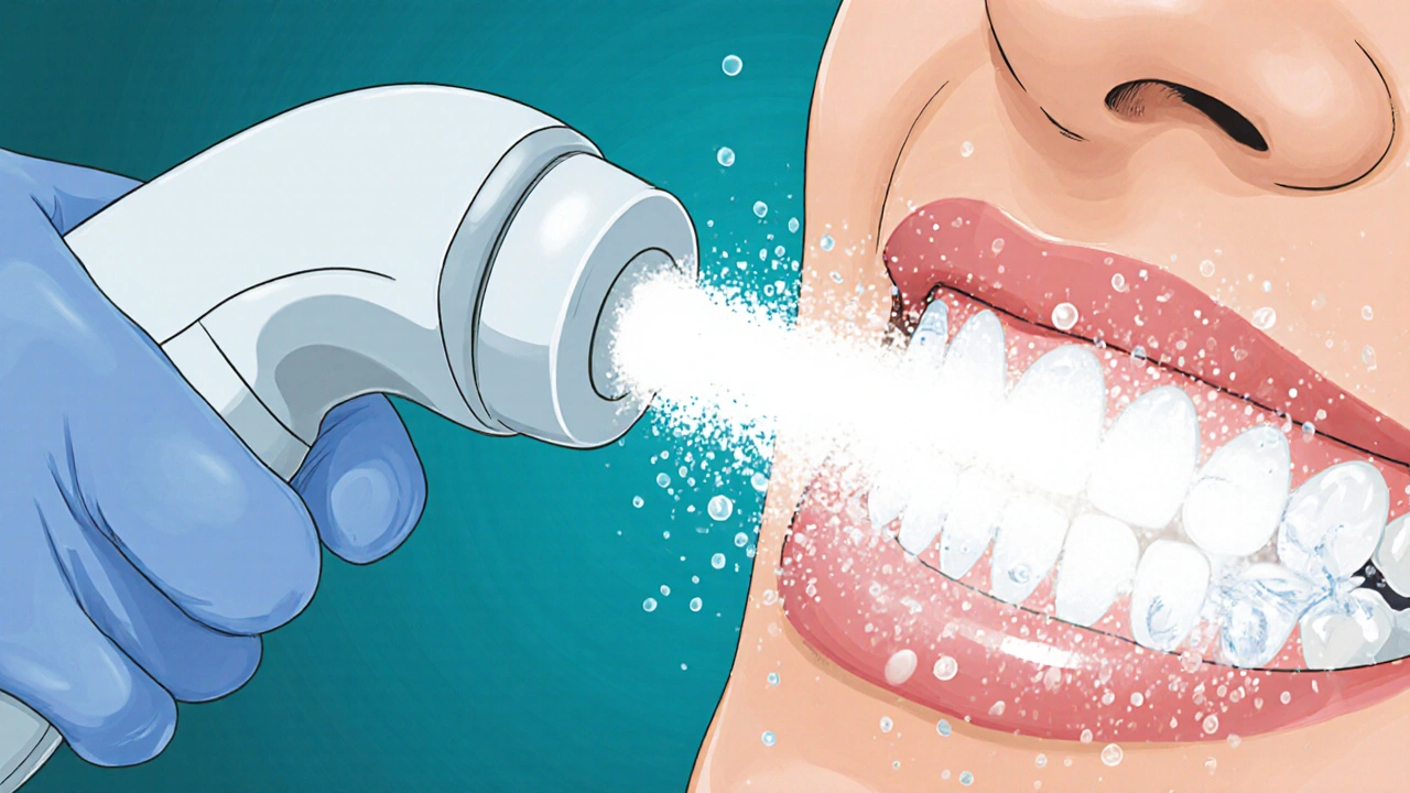 Dentista používá pískovací přístroj, prášek a voda stříkají na zuby a odstraňují plak.