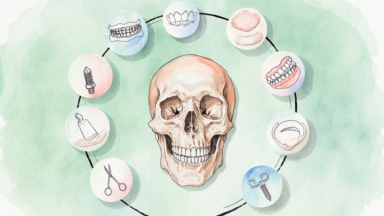 Ilustrace dětského čelistního skeletu obklopeného symboly ortodoncie, korunky, implantátu, protézy a výplně.