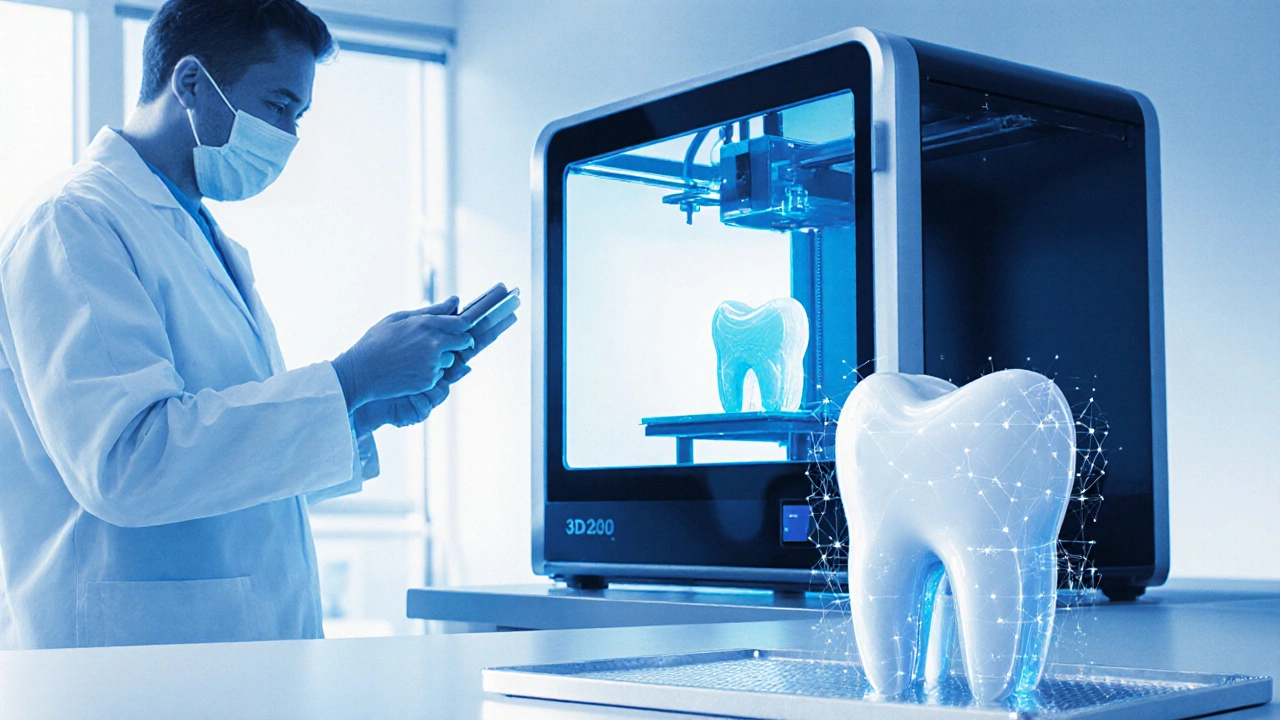 Ilustrace laboratoře, kde 3D skener a tiskárna vytvářejí skleněnou keramickou náhradu zubu.