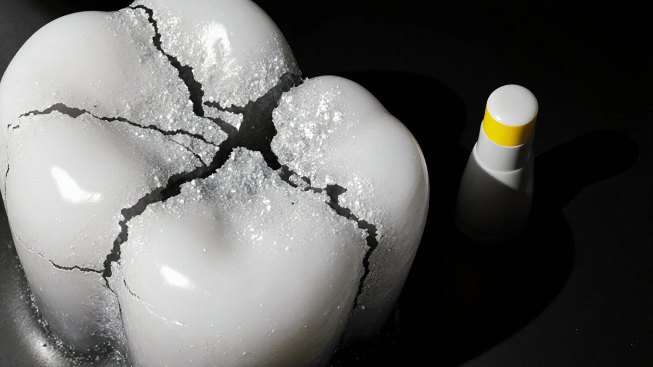 Mikroskopický pohled na poškozenou sklovinku a nezměněnou kompozitní plombu