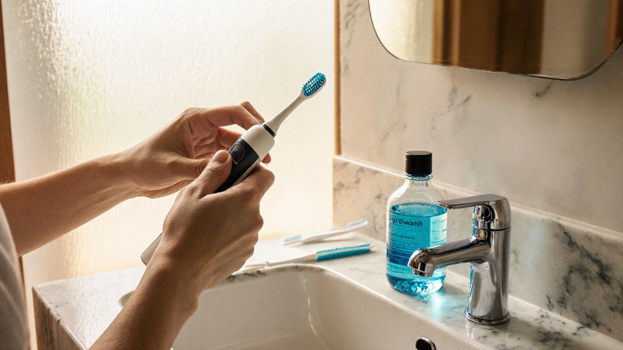 Osoba používá elektrický kartáček, mezizubní kartáček a ústní vodu v koupelně.