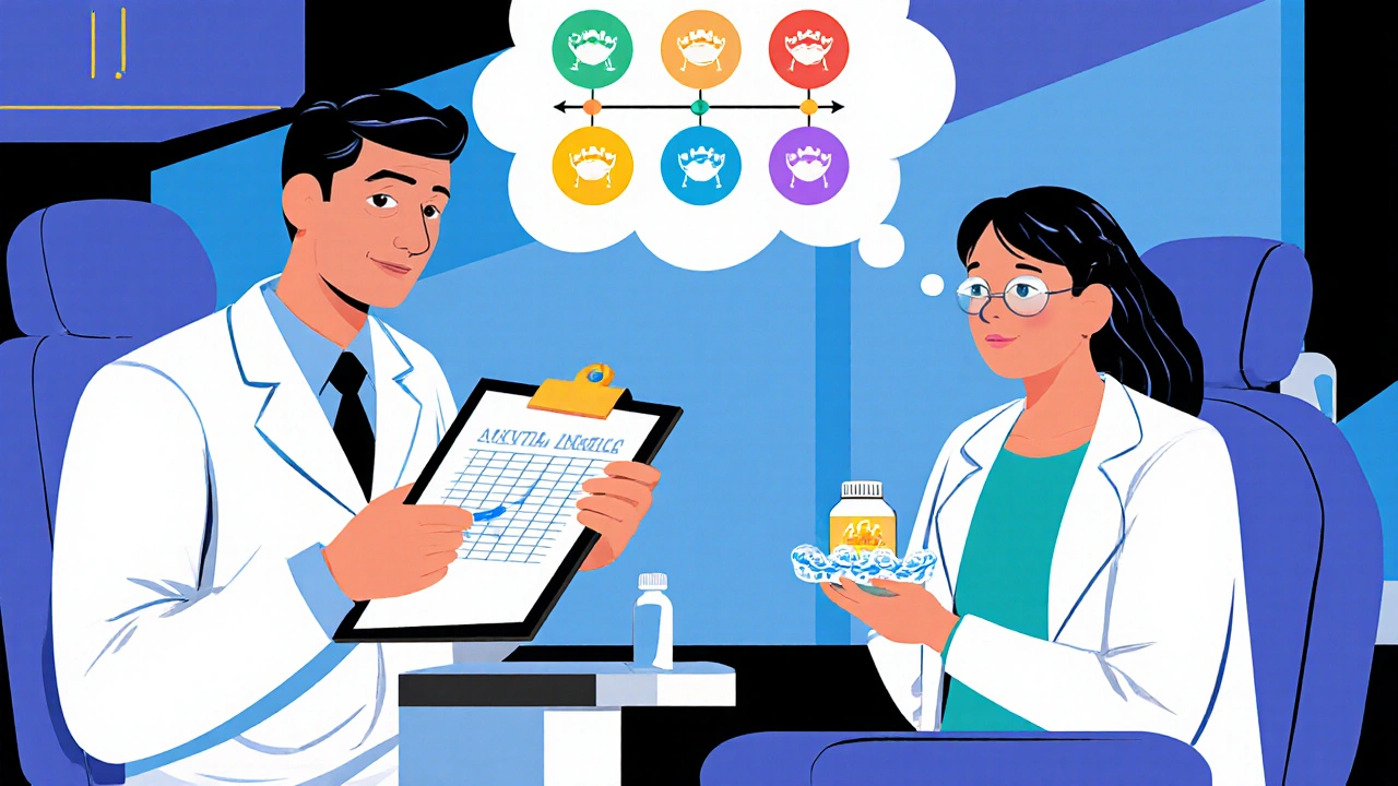 Pacient u zubaře s lahví antibiotik a průhlednými rovnátky.