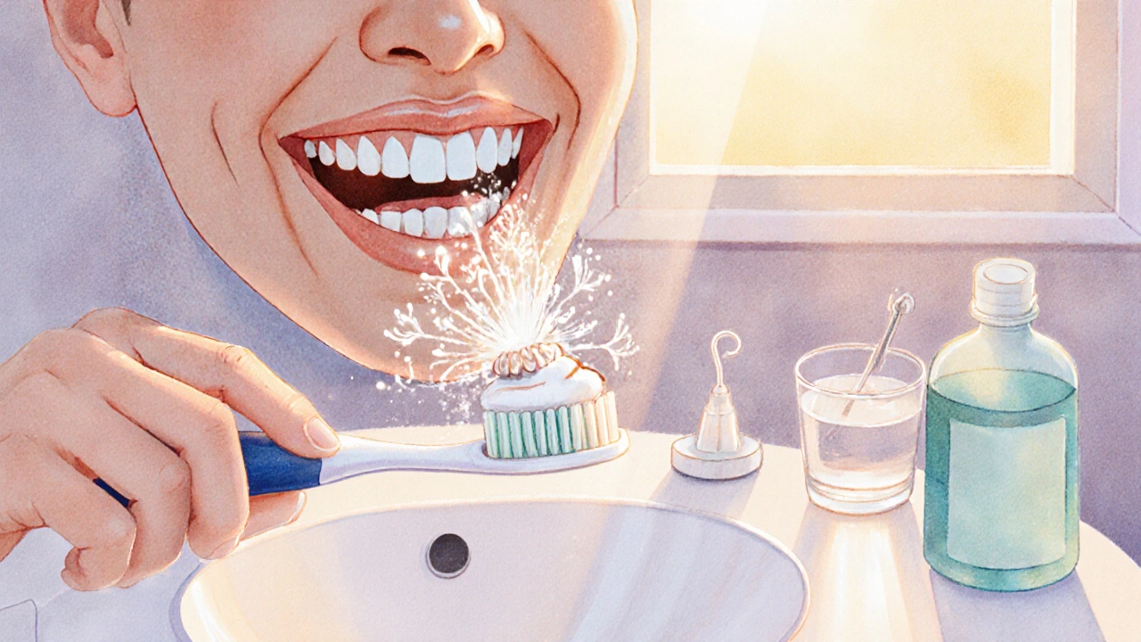 Pastelová kresba osoby čistící nalepený zub jemnou kartáčkem a pastou.