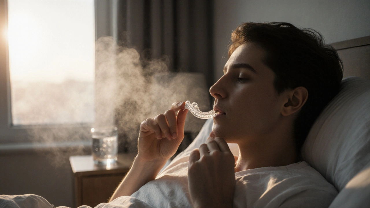 Ráno po probuzení s suchými rty a vyjmutým alignerem, znaky ústního dýchání.