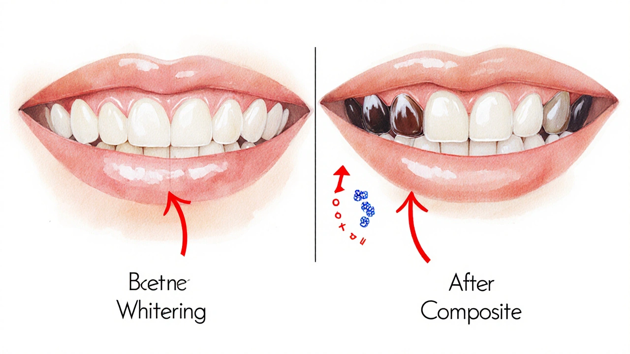 Srovnání před a po bělení zubů s nezměněnými kompozitními výplněmi