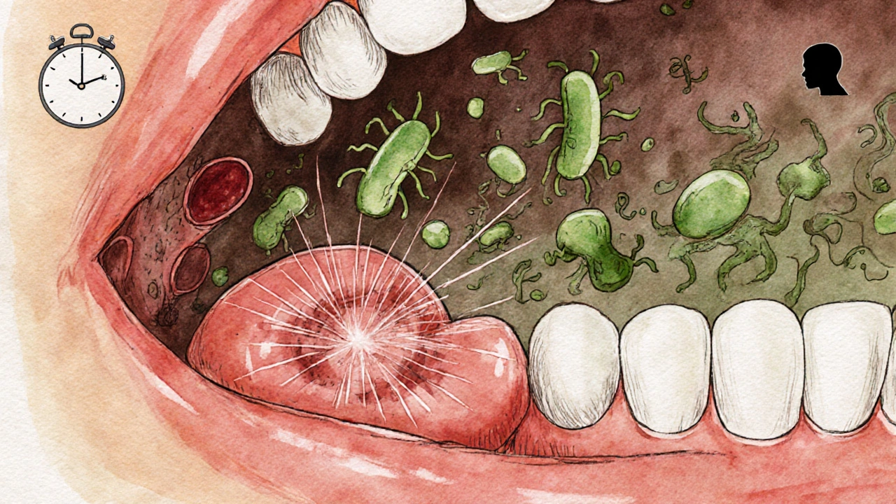 Umělá ústní mikroflóra s otokem dásní a abscesem.