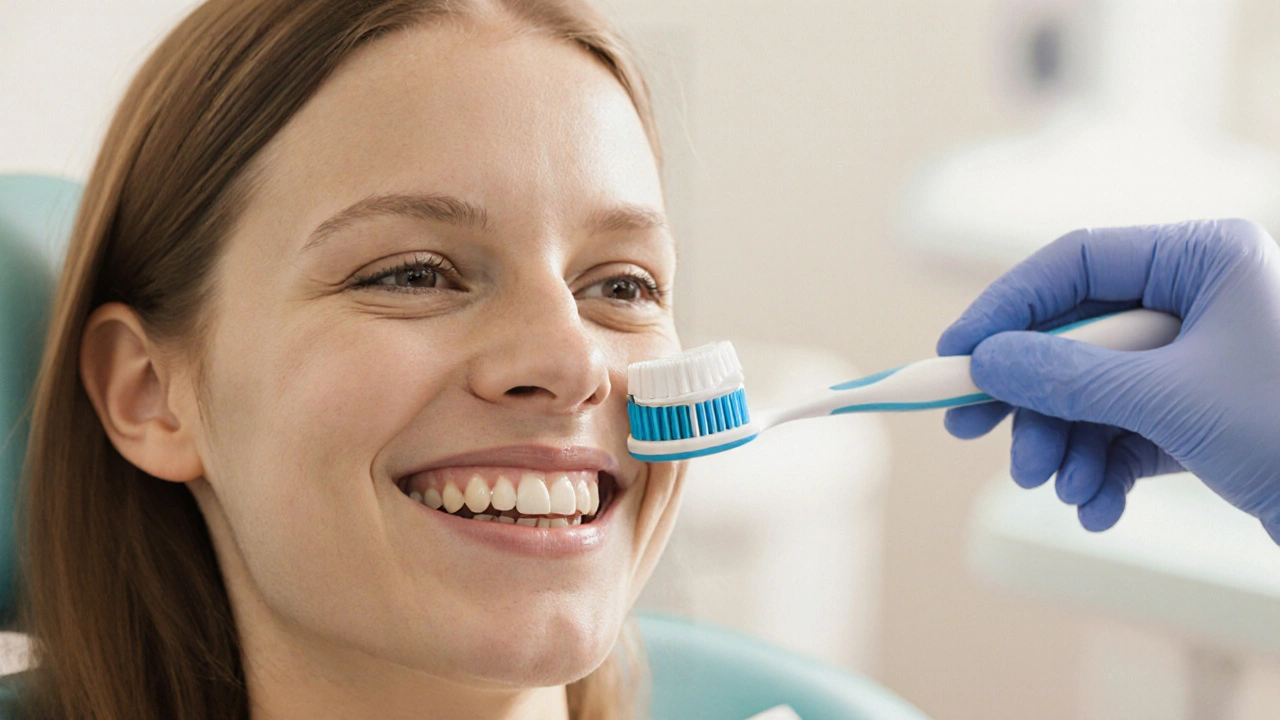 Usměvavá osoba po bělení, s fluoridovou pastou a dentální kontrolou.