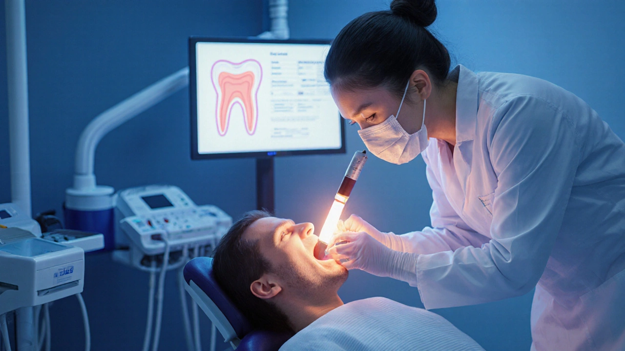 Zubař aplikující laser na citlivý zub v moderní klinice.