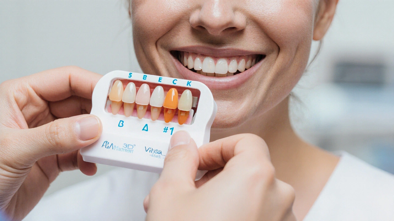 Zubař porovnává odstín pacientových zubů s barevnou škálou Vita 3D-Master v ordinaci.
