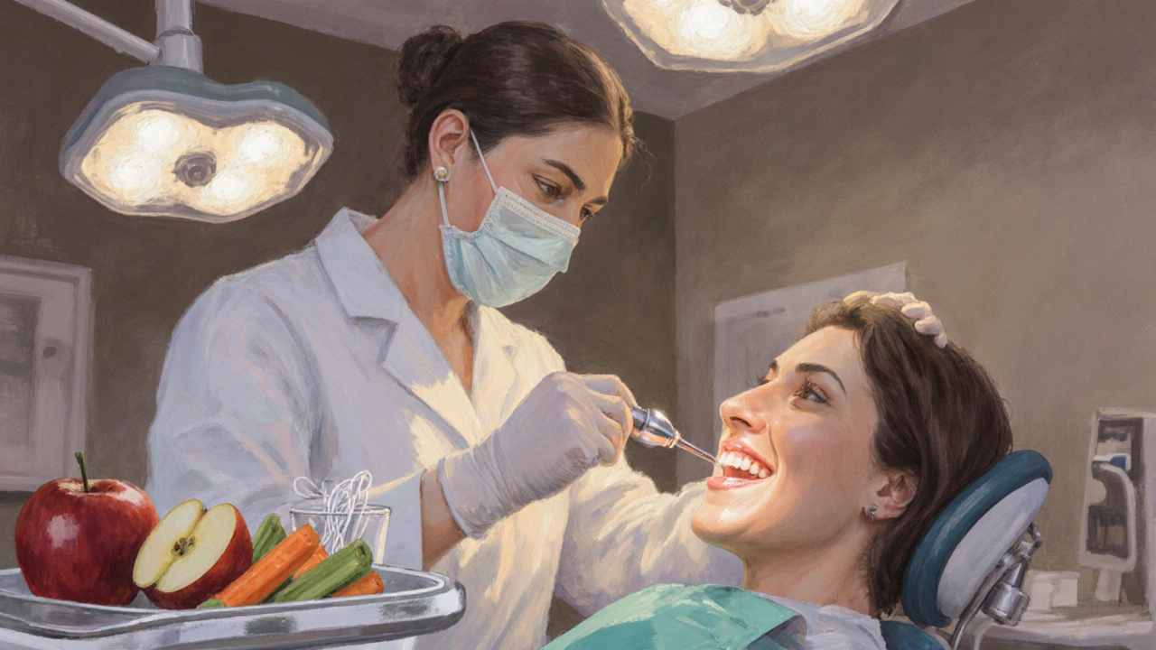 Zubař provádí ultrazvukové scaling, vedle jsou zdravé potraviny.