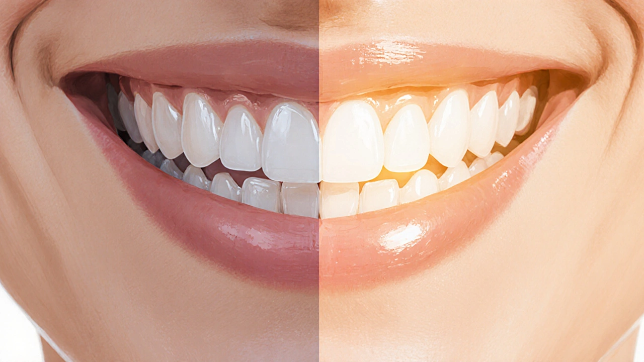 Before and after transformation of a smile with natural-looking porcelain veneers.