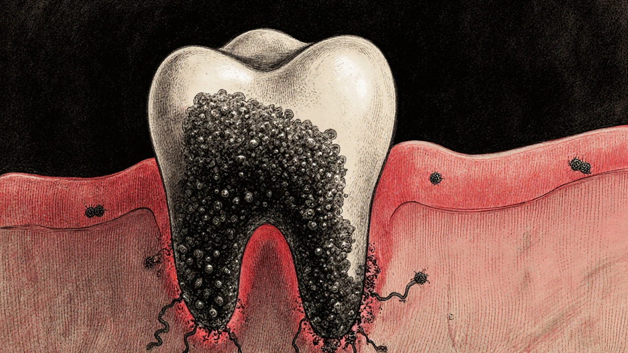 Černý zubní kámen na základně zubu s odšťavňujícími se dásněmi a zvýrazněným zánětem.