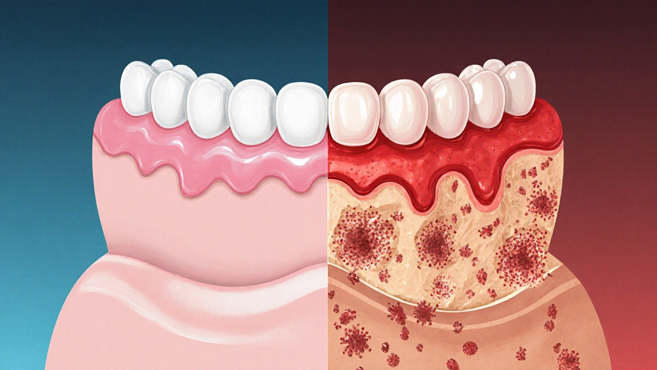 Cross-section of healthy vs. diseased gums with bone loss and bacterial buildup.