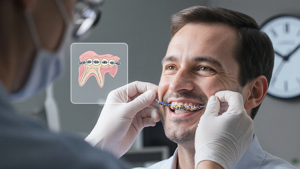 Dentista upravuje dráty na fixních rovnátkách dospělého pacienta.