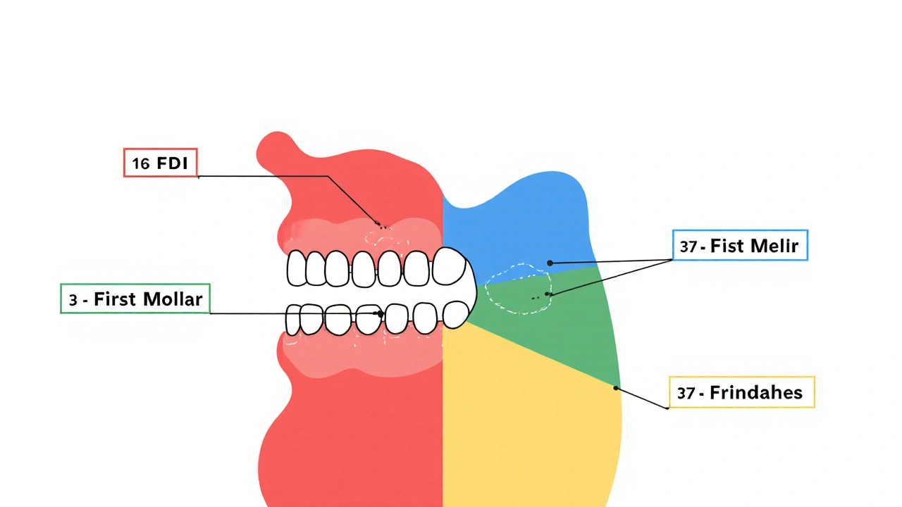 Diagram zubního oblouku s čtyřmi částmi a označenými zuby podle systému FDI.