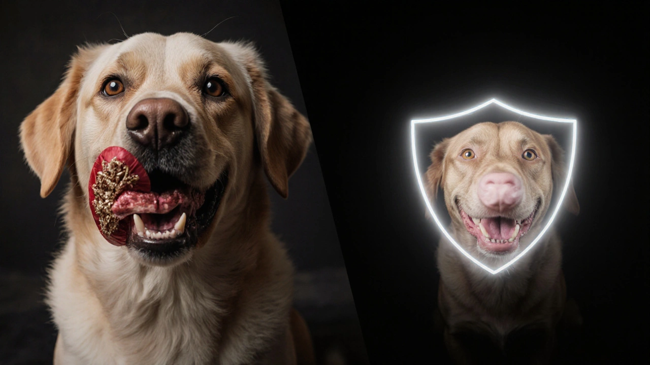 Dva pohledy na psa: s kamenem a zánětem vlevo, se zdravými zuby vpravo.