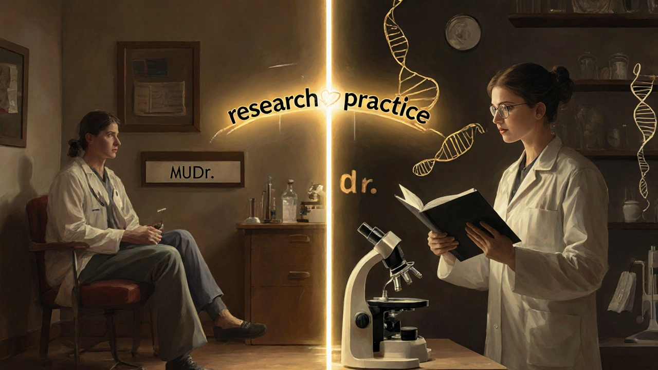 Dvě cesty lékaře: klinická praxe a vědecký výzkum propojené světlem.