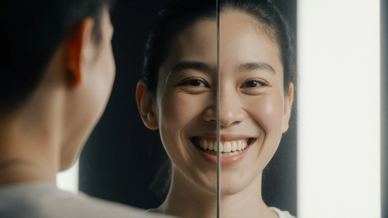 Dvě verze obličeje v zrcadle: jedna smutná, jedna radostná.