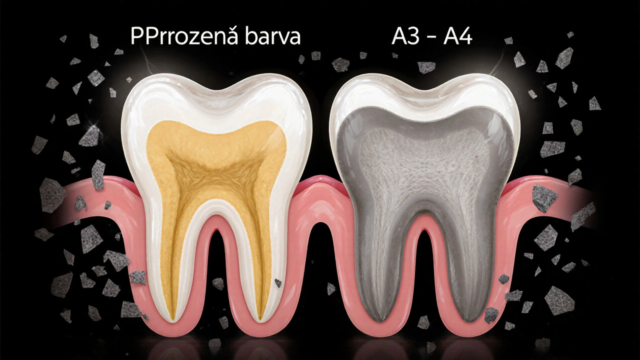 Dvě zuby: jeden přirozeně žlutavý, druhý šedivý a průhledný z důvodu poškození emalu