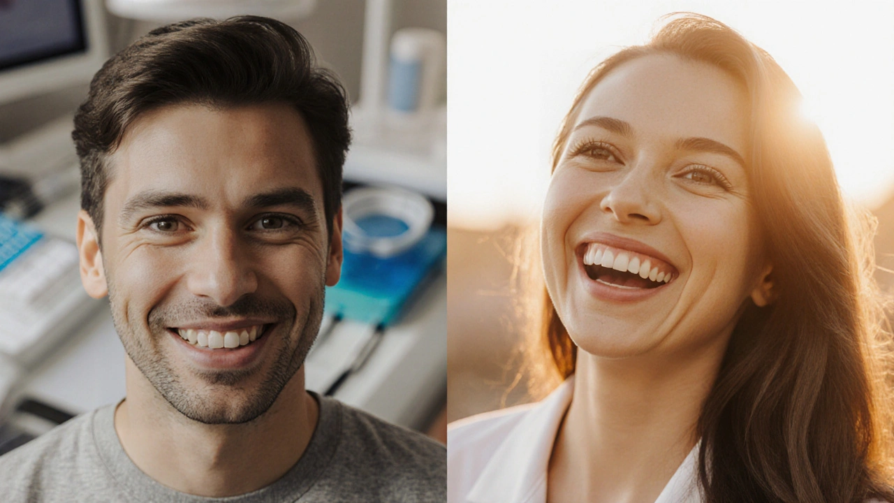 Dvojité portraitové znázornění před a po zákroku zubních fazet.