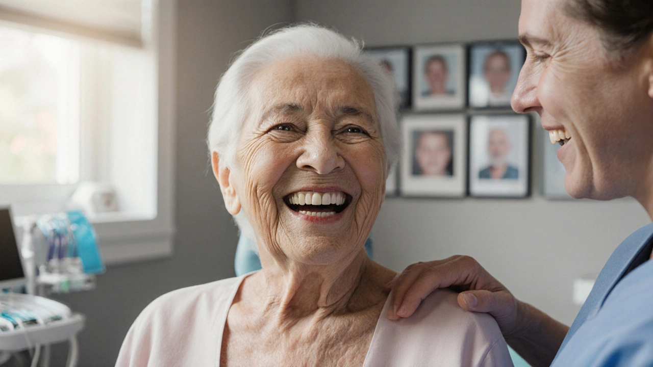 Elderly patient smiling after dental restoration, dentist standing beside them.
