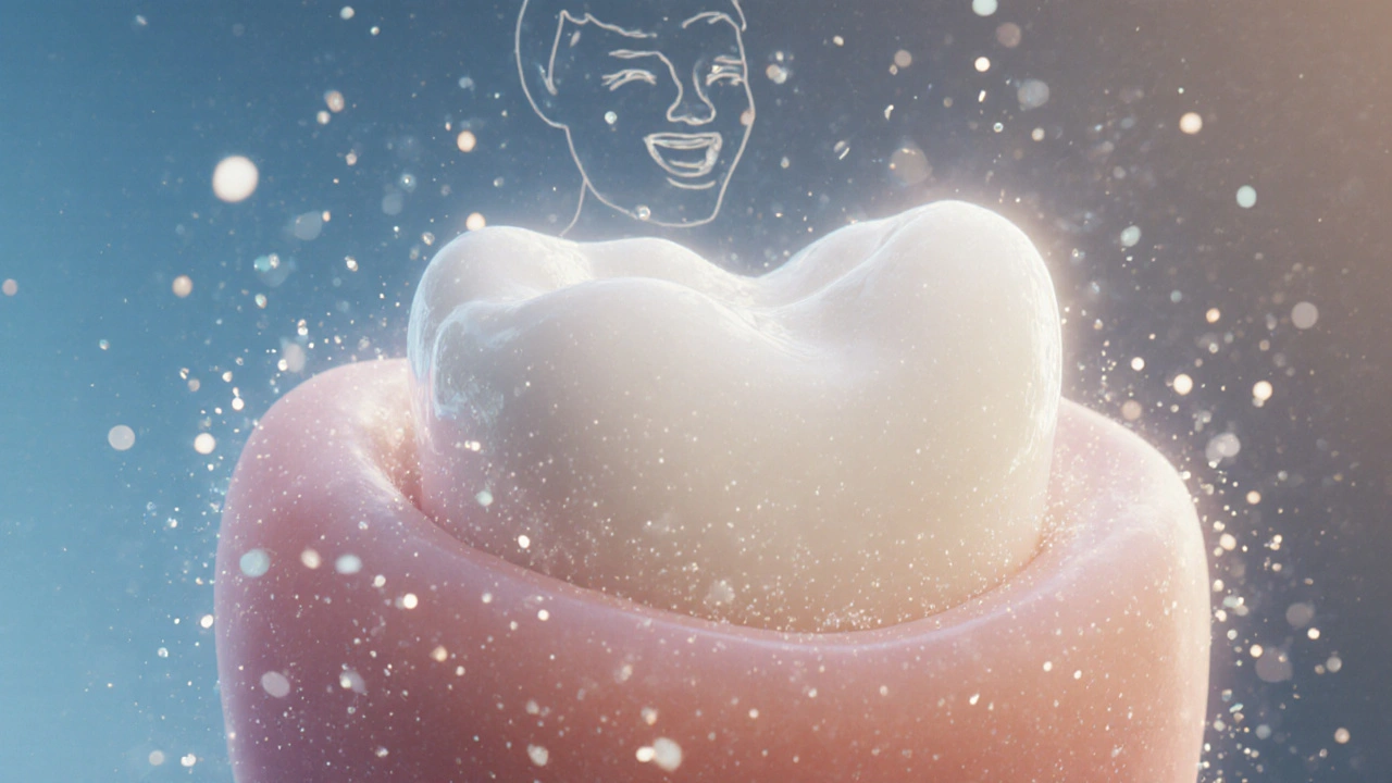 Floating ceramic veneer with glowing particles symbolizing strength and beauty.