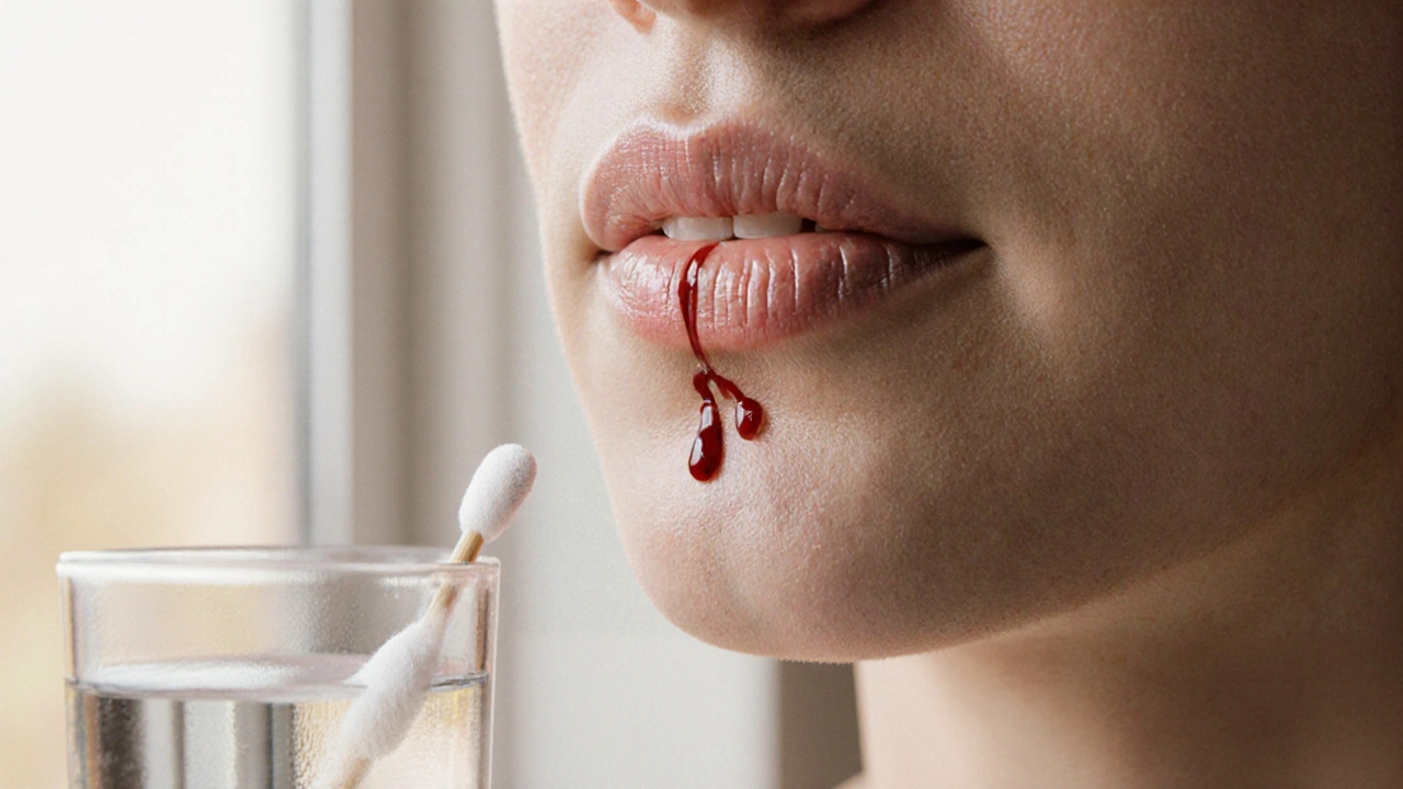 Hojující rána po vytažení osmičky po třech týdnech, s mírným stopy po zánětu a solným roztokem.