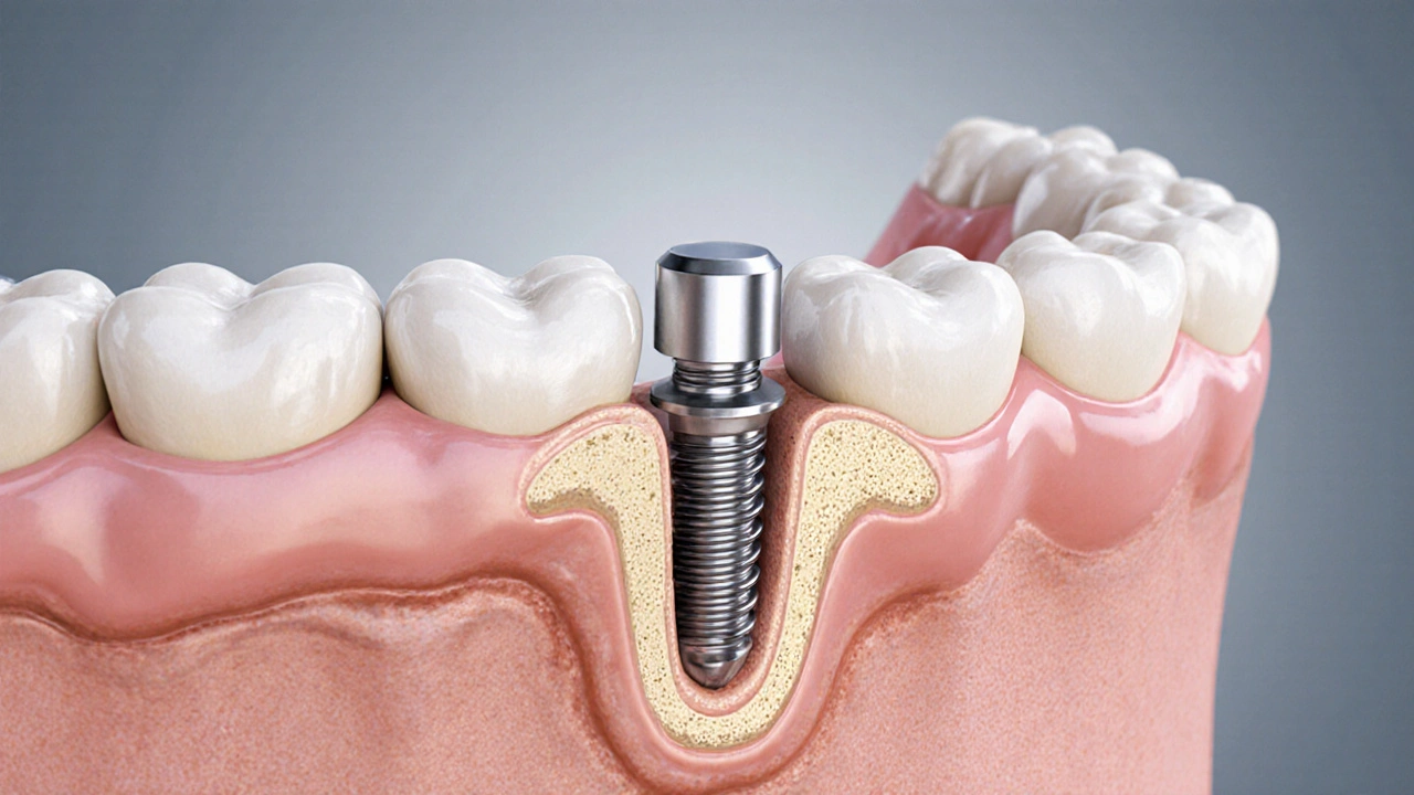 Implantát v čelisti s příznaky infekce kolem dásně.