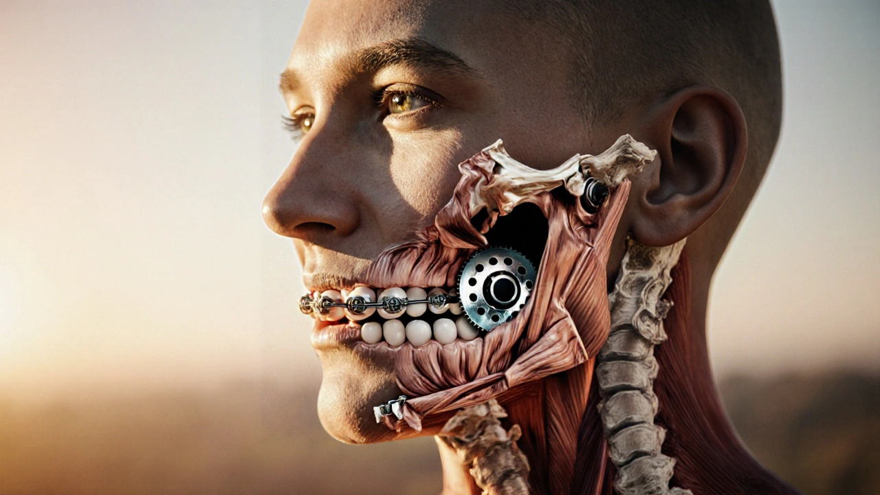 Kombinace obličeje a mechanického systému v ústech symbolizující opravu otevřeného skusu.