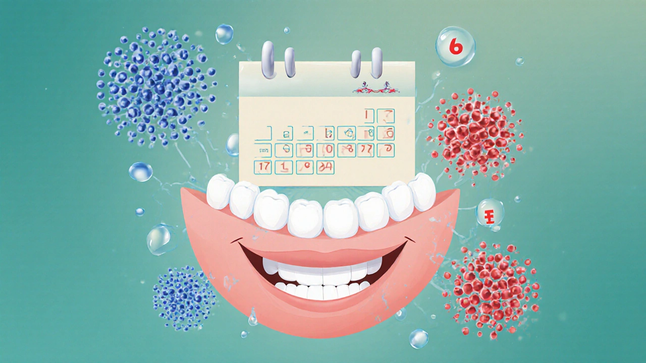 Koncepční obrázek zdravé ústní dutiny s prospěšnými a škodlivými bakteriemi a fluoridovými ionty.