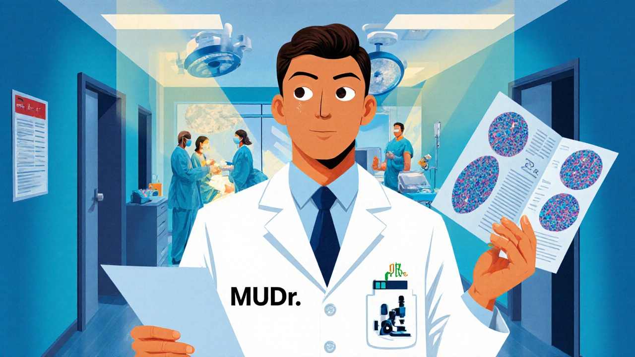 Lékař s tituly MUDr. dr. drží klinický dokument a vědeckou práci.