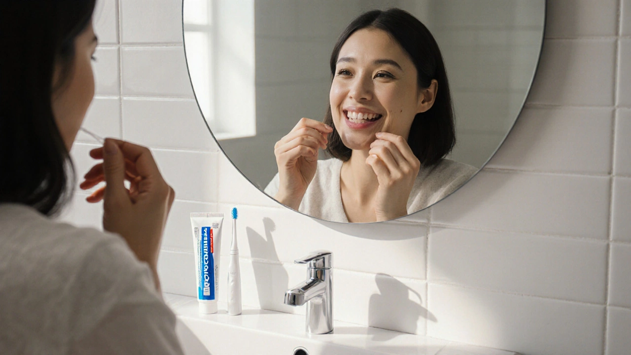 Osoba čistí mezery mezi zuby zubní nití v koupelně s toothpaste a kartáčkem na pozadí.