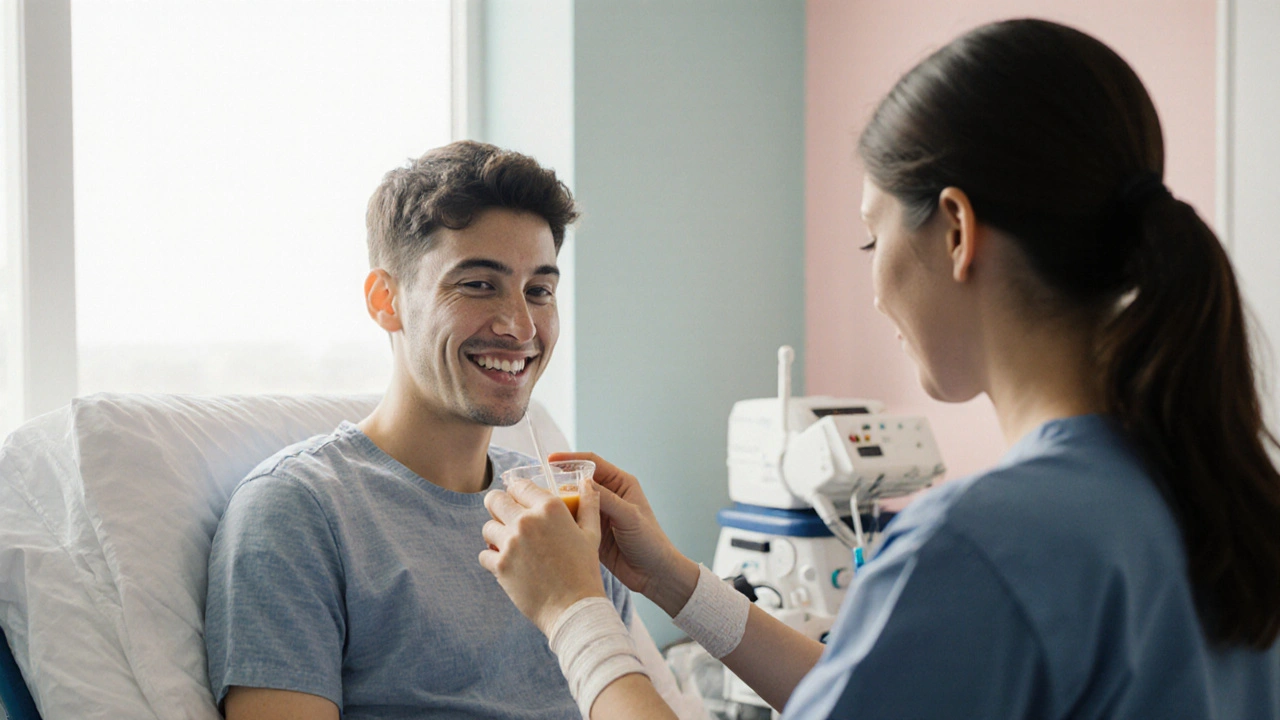 Pacient v rekonvalescenci pije tekutou stravu, s mírně otoknutým obličejem, v klidném prostředí nemocnice.