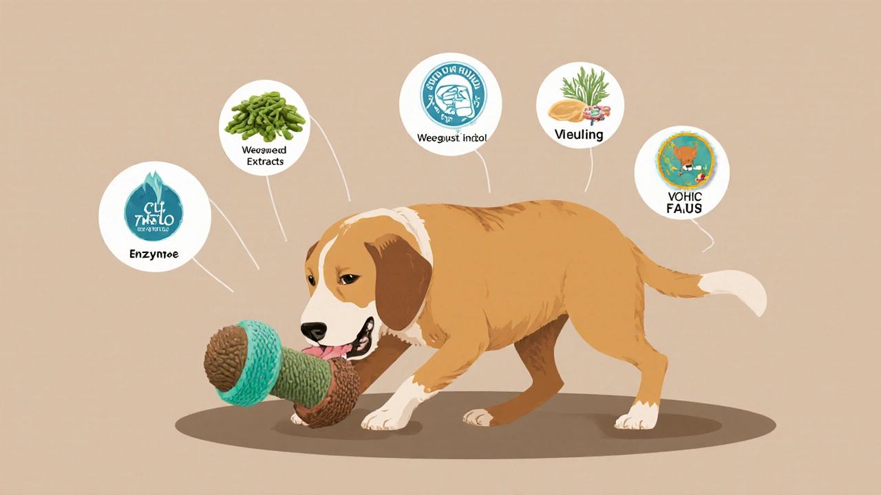 Pes žvýká zubní kostku s texturovaným povrchem pro prevenci plaku.