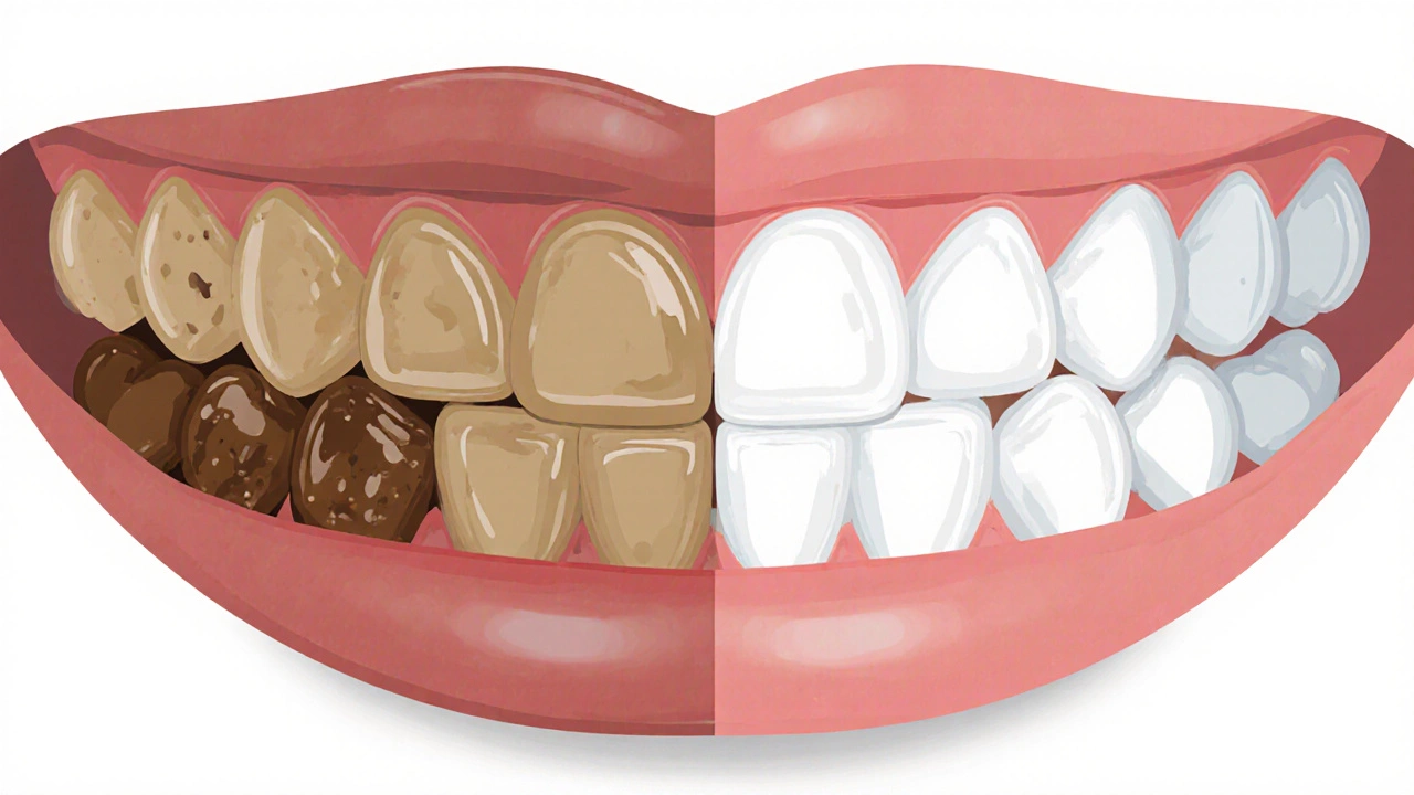 Porovnání tmavých a bělších zubů, levá strana se skvrnami od kávy a tabáku, pravá strana jasnější.