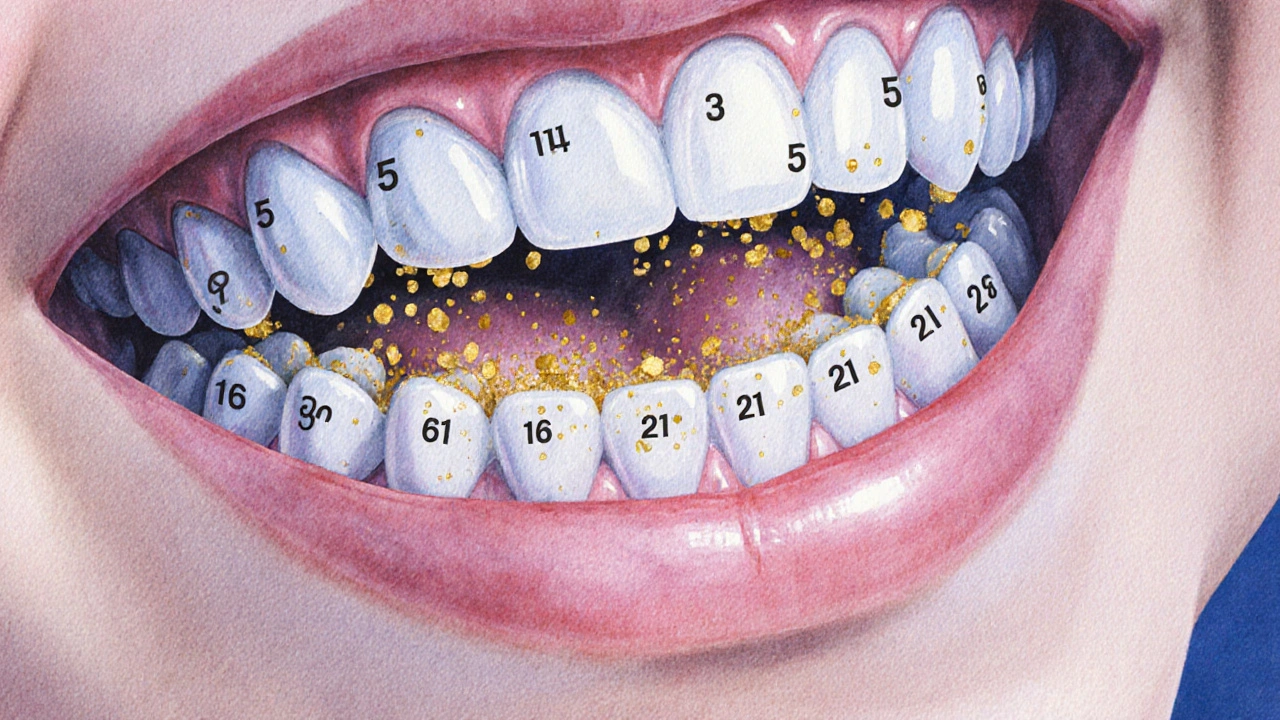 Přechod mléčných zubů na trvalé v ústech dítěte, symbolizující vývoj zubů.