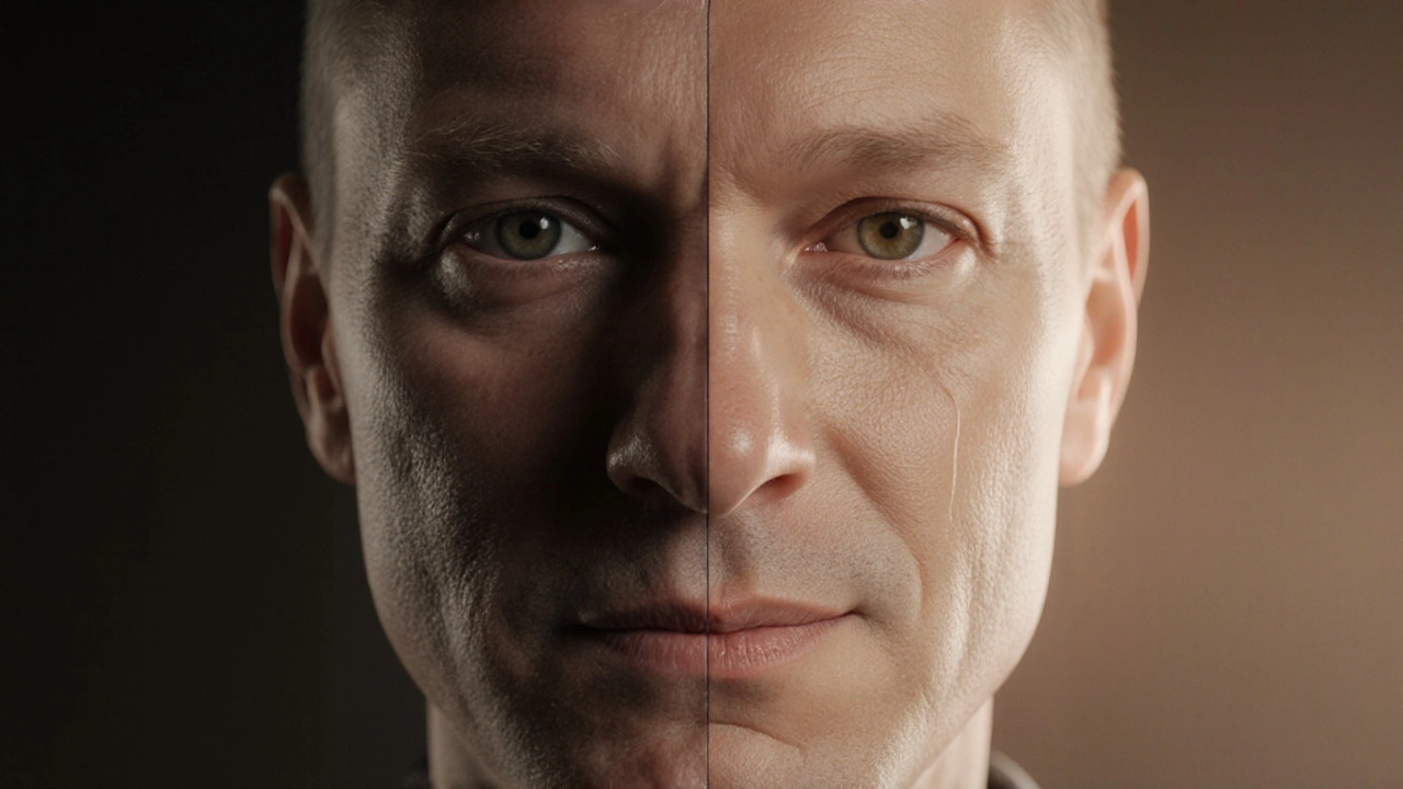 Před a po operaci: asymetrická tvář přechází v vyváženou strukturu s otevřenými dýchacími cestami.