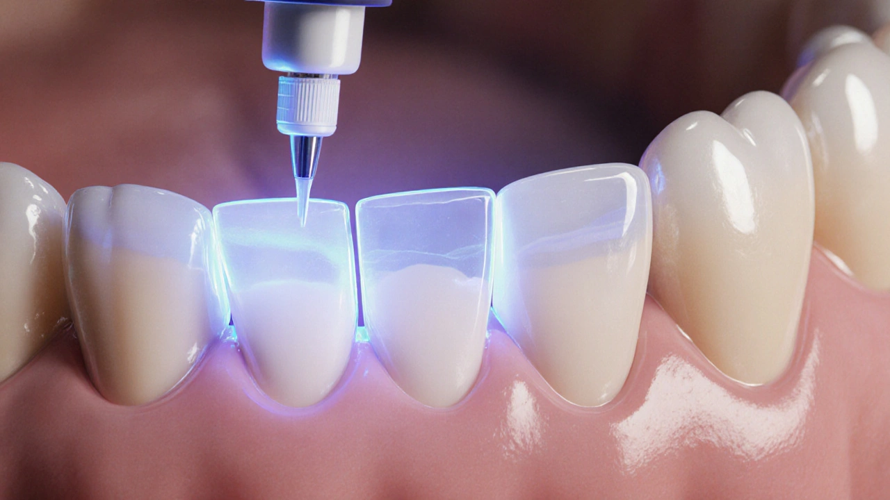 Přehled tenkých keramických fazet přilepených na přední zuby s UV světlem.