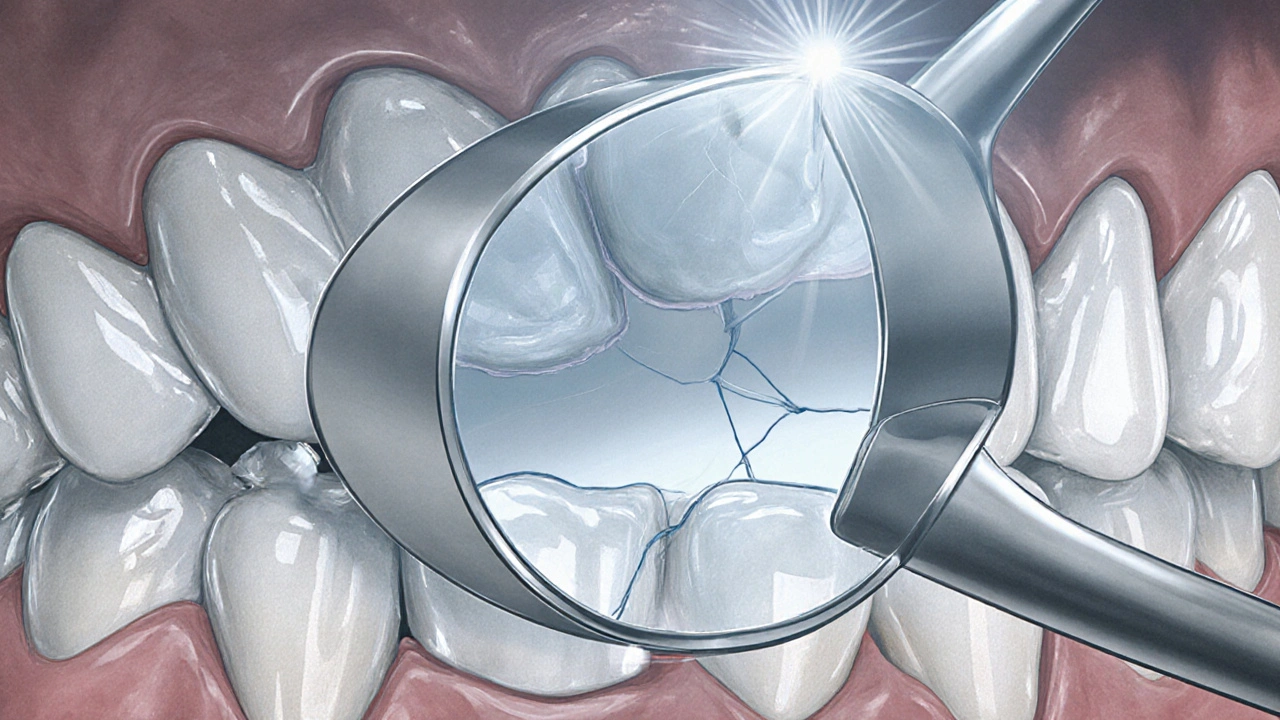 Přehled úst s odrážejícím zrcátkem ukazujícím skryté kazy a trhliny mezi zuby.
