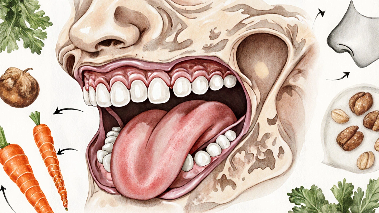 Přehled ústní dutiny s jazykem na stropu a tlakem na zuby při žvýkání.