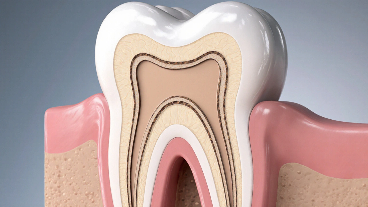 Příčný řez zubu s vloženou kompozitní inlay a zdravou zubní tkání kolem.