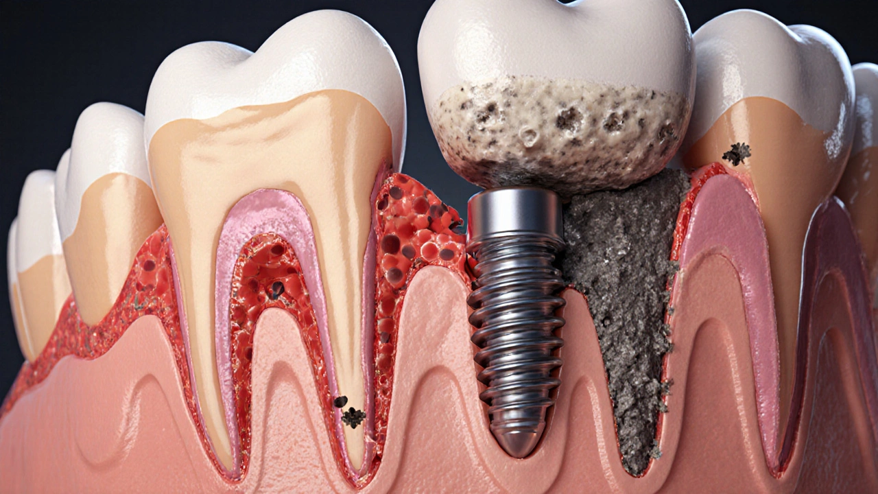 Průřez implantátem ukazující šíření bakterií z plaku do kosti.