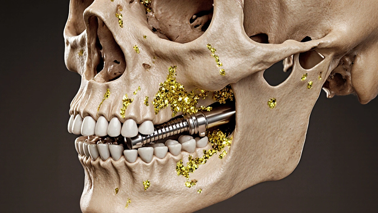 Rozříznutá čelist s implantátem, který se spojuje s kostí.