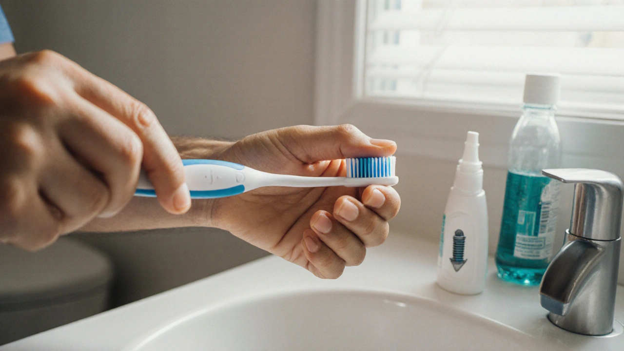 Ruka čistí implantát měkkým kartáčkem a mezizubním kartáčkem.