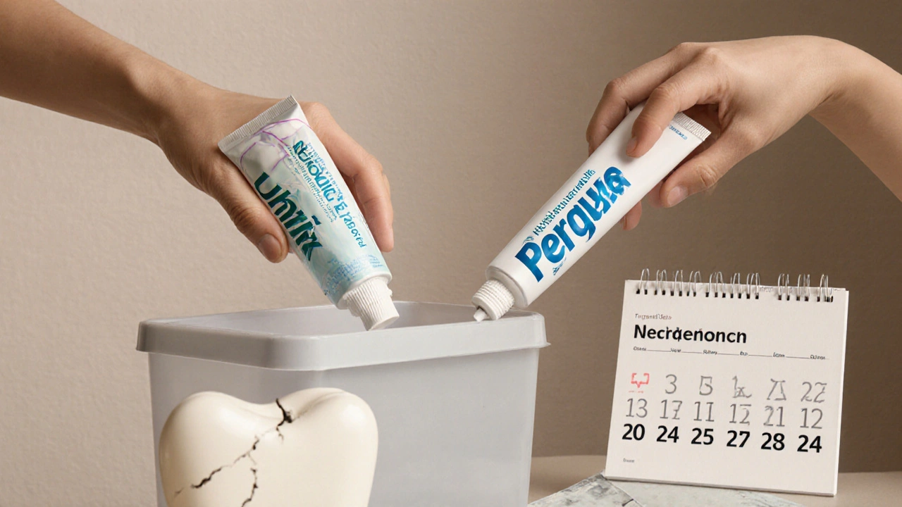 Ruka ukládá agresivní bělící pastu do koše a bezpečnou pastu do šatníku