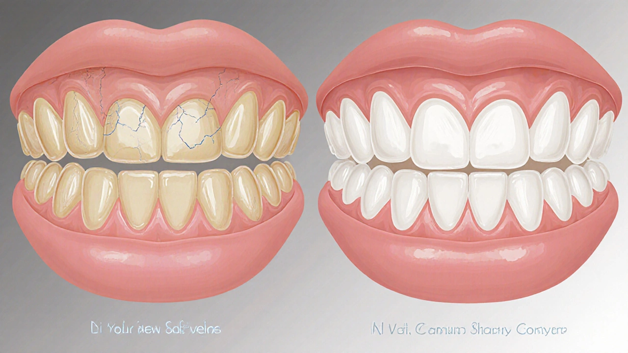 Side-by-side comparison of faded and high-quality composite veneers.