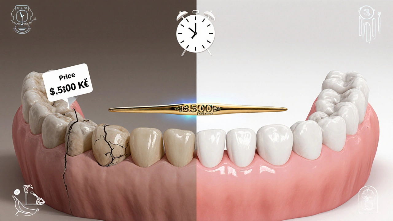 Split image comparing damaged tooth with restored composite veneer and price difference.